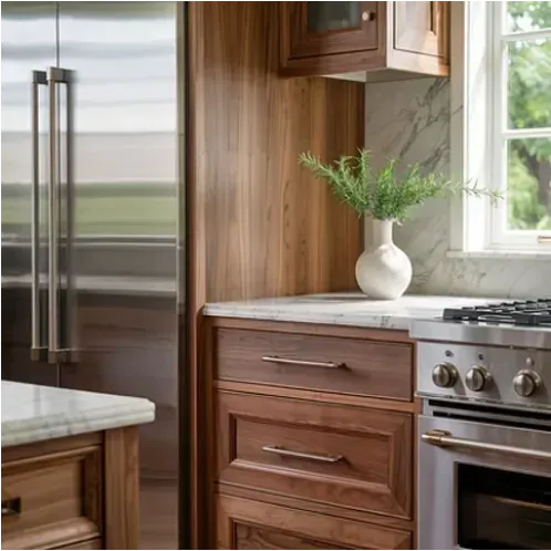Kitchen with stainless steel refrigerator, wooden cabinets, marble countertop, and stove.