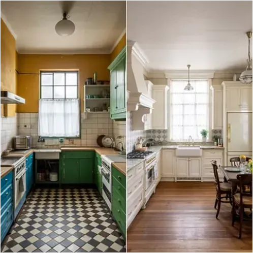Before and after of a kitchen renovation. The original has checkerboard floors, colorful cabinets, and yellow walls. The renovated kitchen is bright, with white cabinets and wood floors.