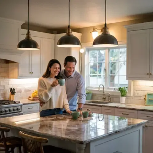 Couple in a kitchen, holding mugs, looking at each other, illuminated by hanging lights, near a window.