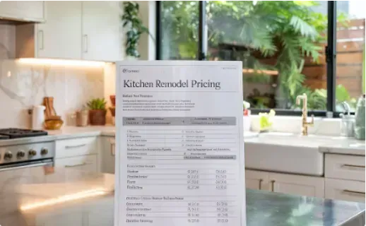 Kitchen remodel pricing sheet in modern kitchen setting.