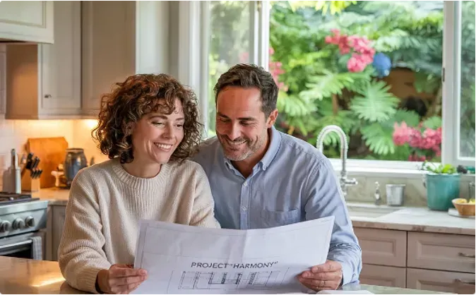 Couple in kitchen, looking at blueprints, smiling. Kitchen with counter, window, and plants.