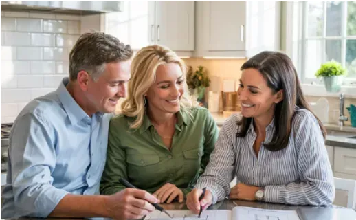 Couple reviewing documents with a woman in a kitchen setting; all smiling.