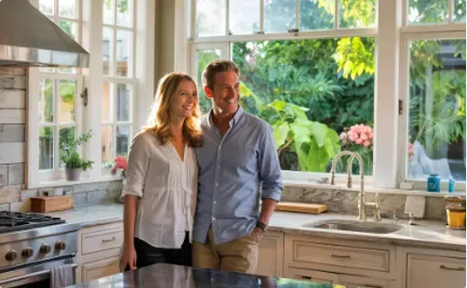 Couple standing in a bright kitchen, looking out the window; sunlit, green view.
