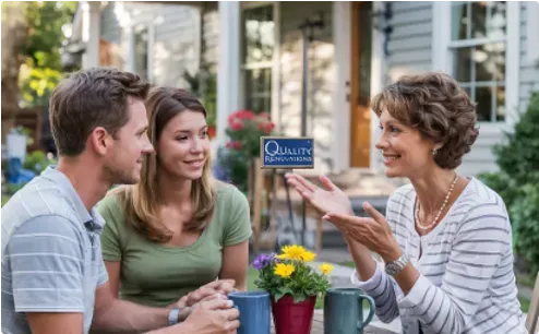 A woman talking to a couple seated at a table outside a house with a 