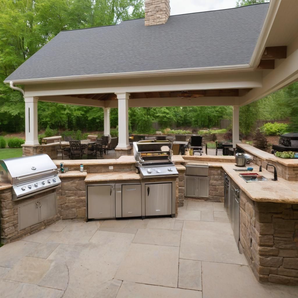 Outdoor kitchen under a covered patio with grill, sink, and stone countertops.
