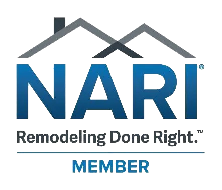 NARI logo with blue text, gray house roof graphic, and tagline