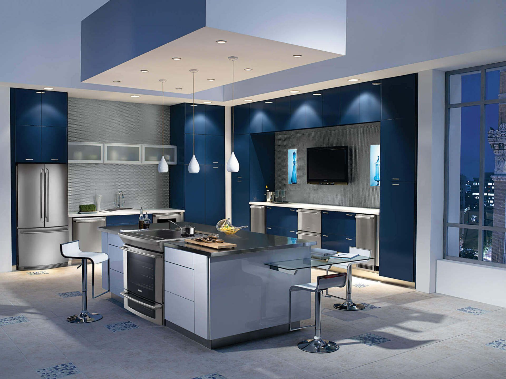 Modern kitchen with blue cabinetry, stainless steel appliances, and a central island.