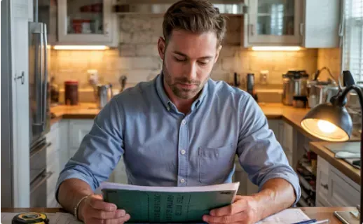 Man reading documents at a kitchen table, lit by a desk lamp.