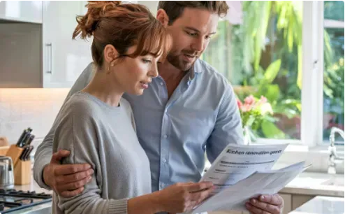 Couple looking at paperwork together in a kitchen.