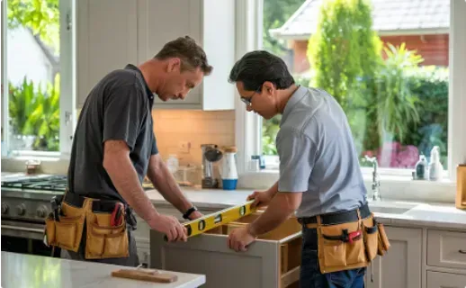 Two workers installing a cabinet in a kitchen, using a level.