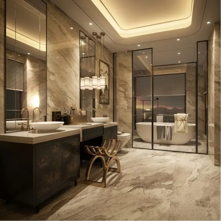 Luxurious modern bathroom with stone walls, a large bathtub, and a vanity.
