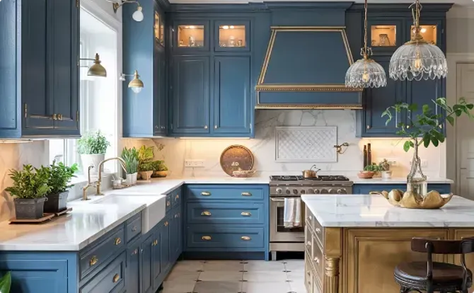Blue and white kitchen with marble countertops, brass accents, and indoor plants Cape Cod MA