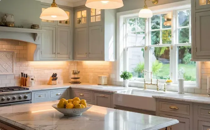Kitchen with light blue cabinets, marble countertops, large window, and bowl of lemons.