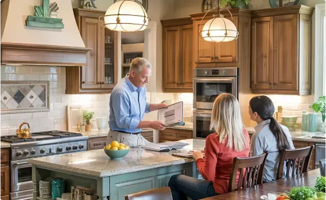Man showing plans to two women in a kitchen. Island with granite countertop, wood cabinets, and built-in oven.