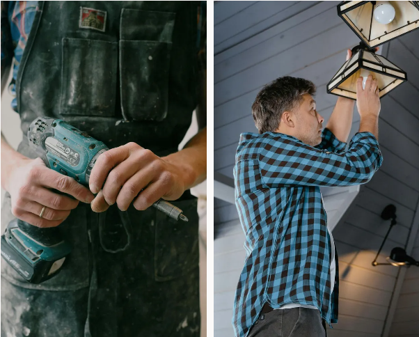 Two images: person with drill and person fixing a light fixture.