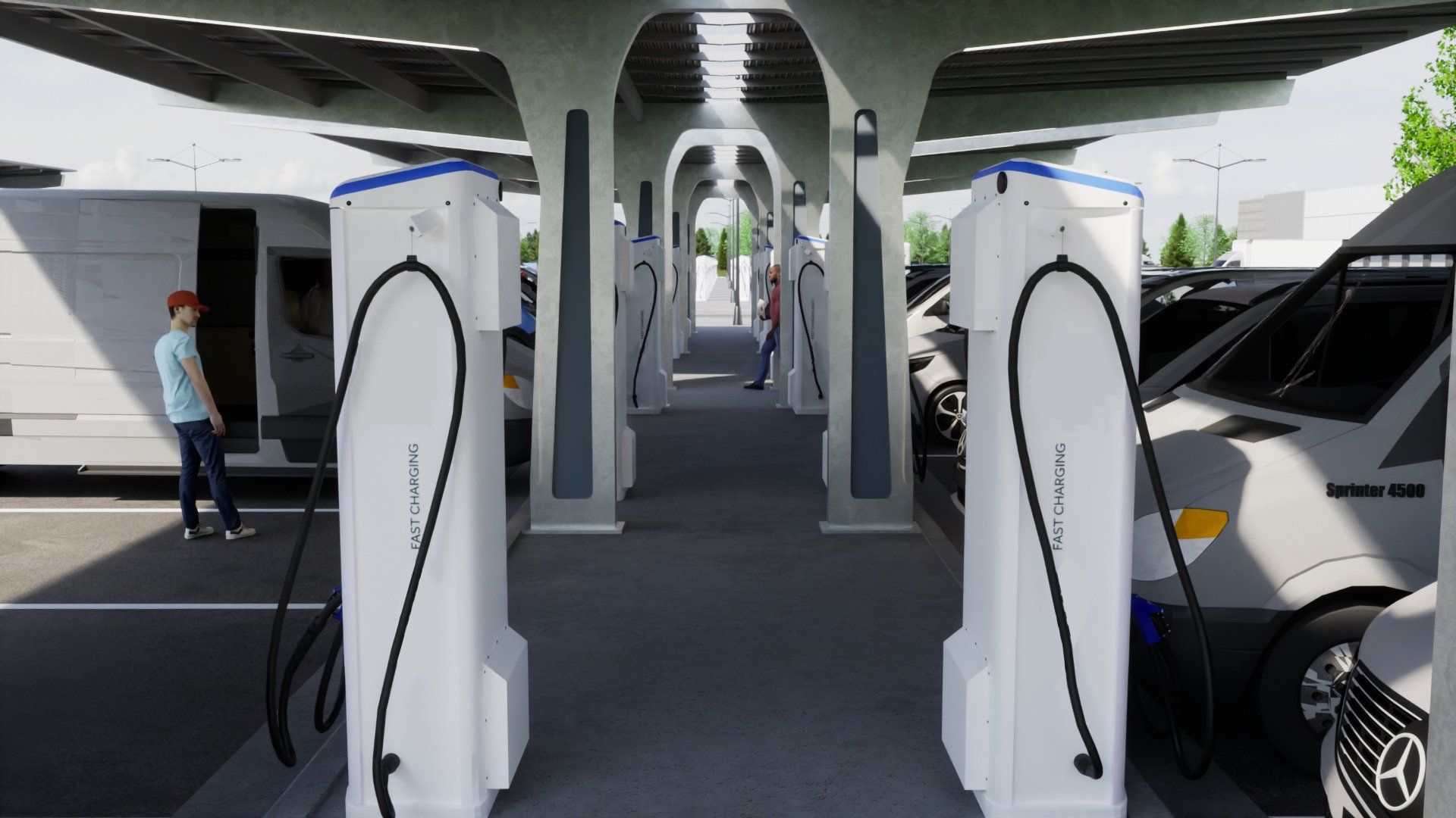 up close of vans parked and charging