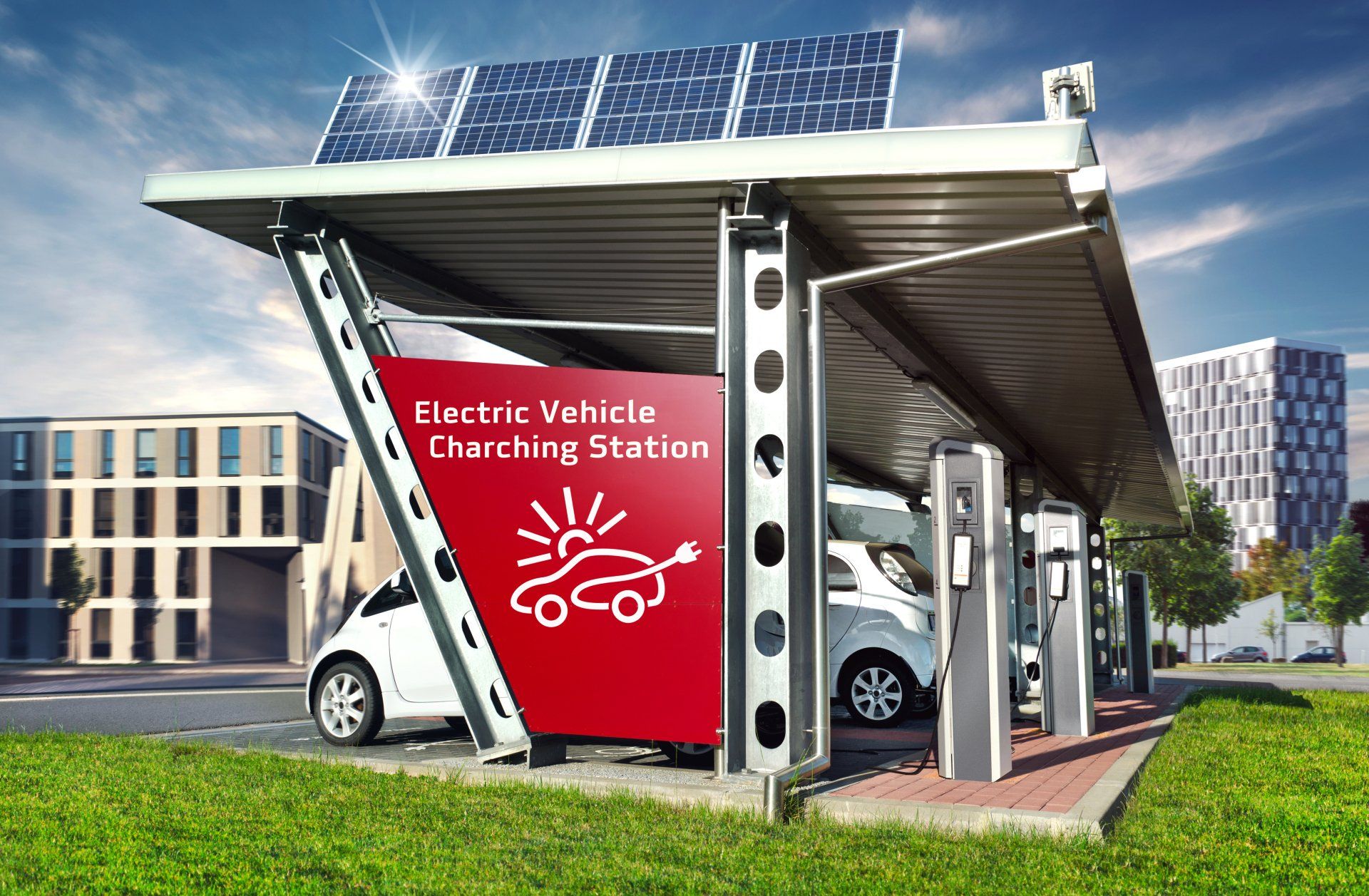 outside EV charging station with solar panels