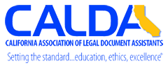 CALDA logo with blue text, gold California shape, and tagline 