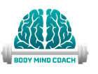 A logo for a body mind coach with a brain and a barbell