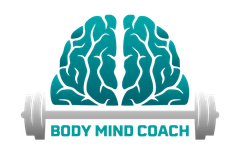 A logo for a body mind coach with a brain and a barbell1
