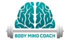 A logo for a body mind coach with a brain and a barbell