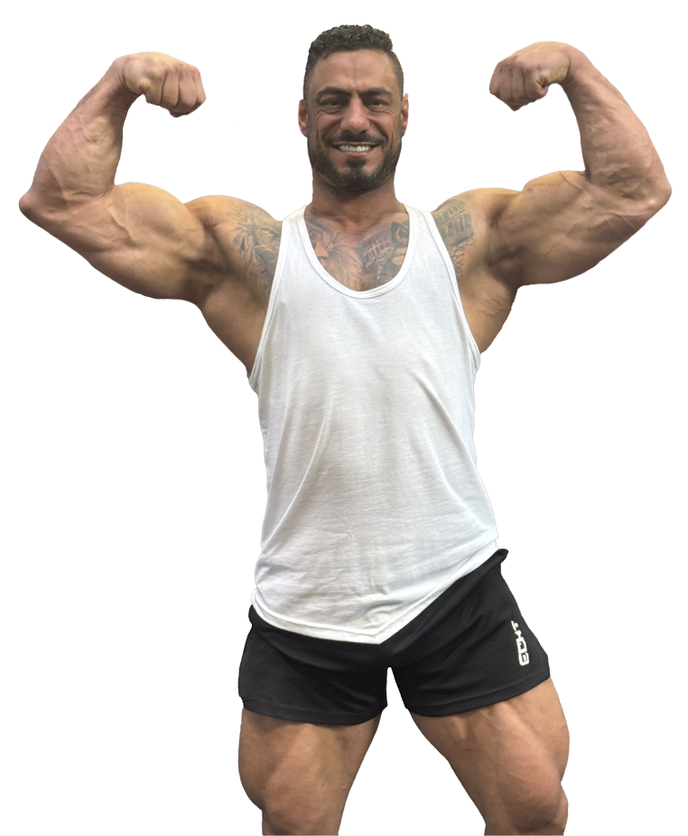 A man wearing a white tank top with the word binous on it
