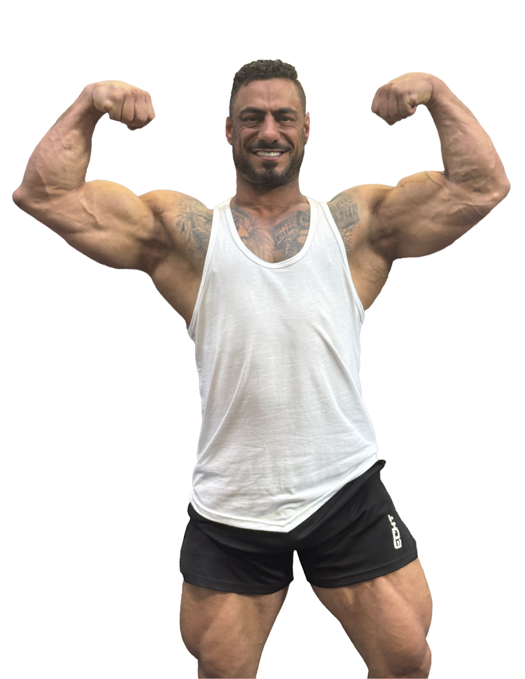 A man wearing a white tank top with the word binous on it