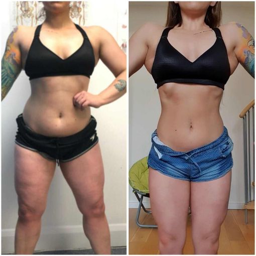 A before and after photo of a woman in a black bra and shorts1