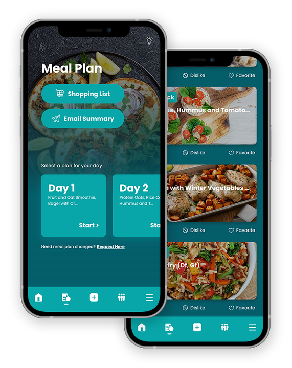 Two phones are displaying a meal plan app on their screens.