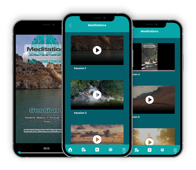 Three phones are displaying a meditation app on their screens.