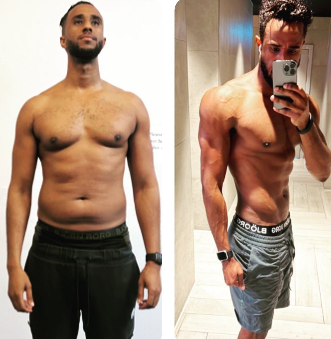 A shirtless man is taking a picture of himself