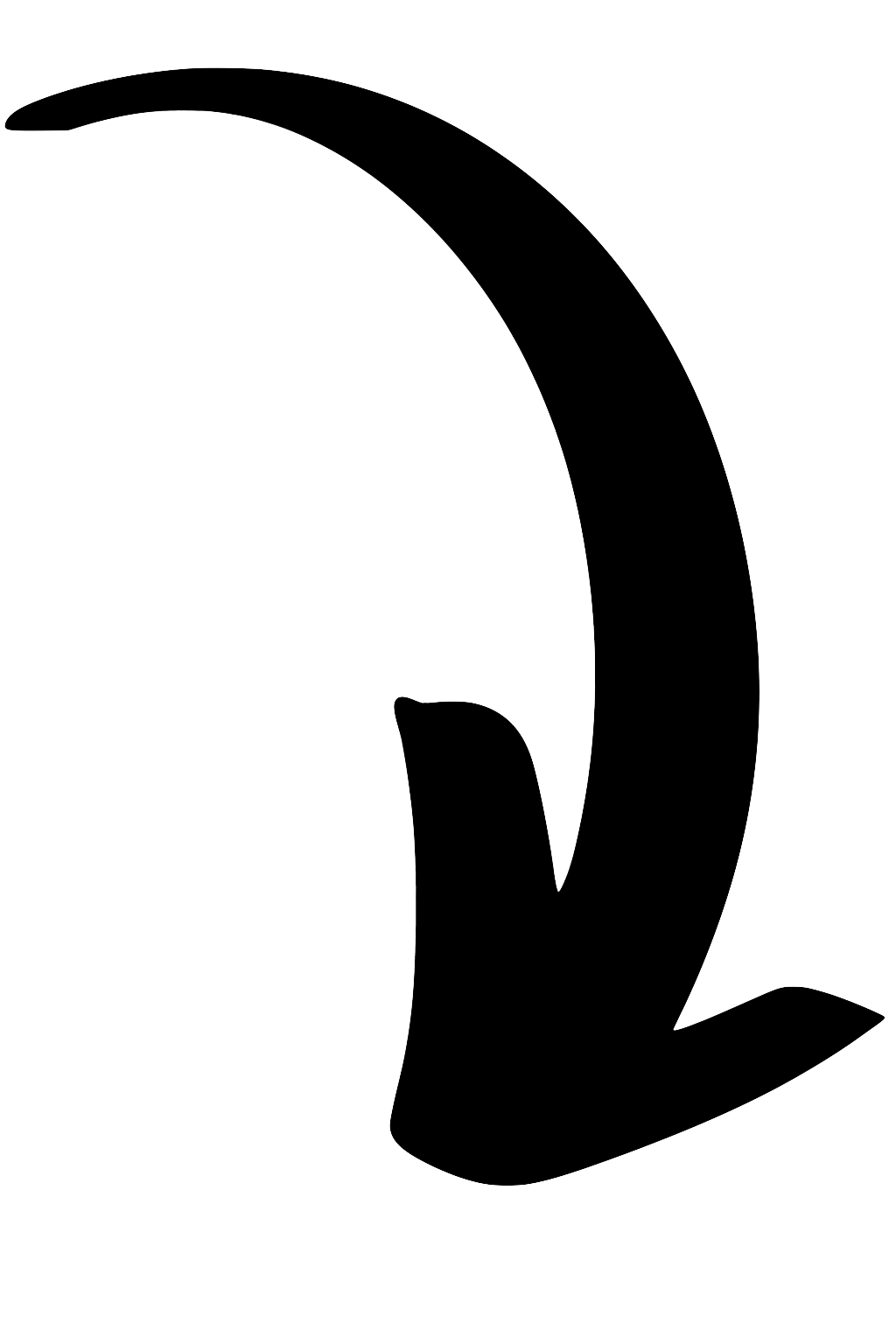 Curved, black arrow pointing downward.