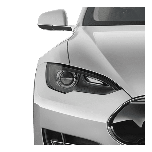 Silver Tesla car's front, including headlight, side mirror, and hood.