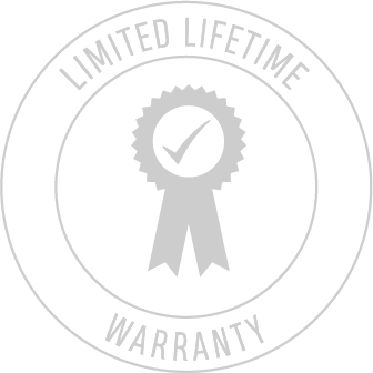 Circular emblem with "LIMITED LIFETIME WARRANTY" text. Central ribbon design with a checkmark.