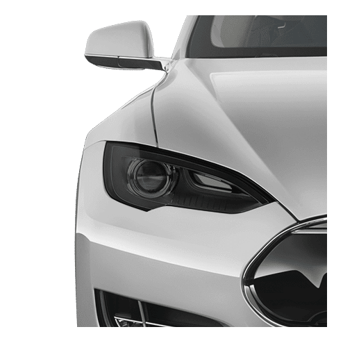 Silver Tesla car, front view, showing headlight, side mirror, and hood.