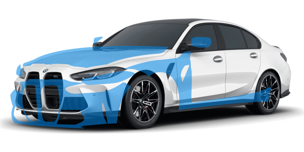 White BMW sedan with blue highlights.