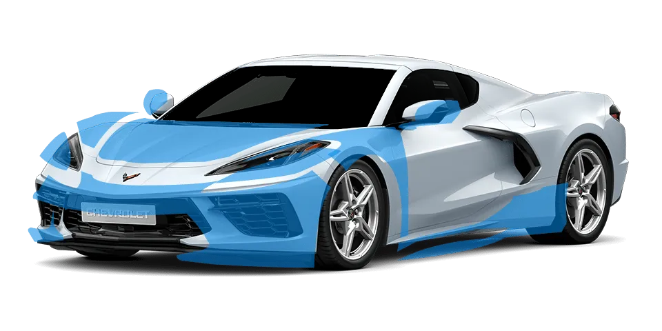Blue-highlighted sections on a silver and white Corvette car.