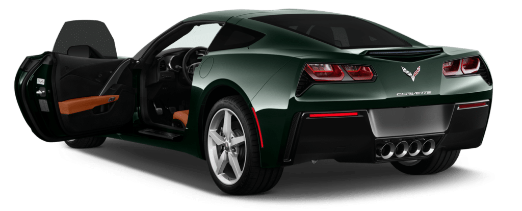 Dark green Corvette with open door.