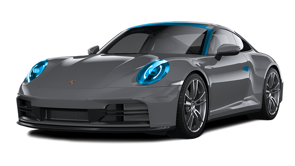 Gray Porsche 911 sports car with blue accents on a white background.