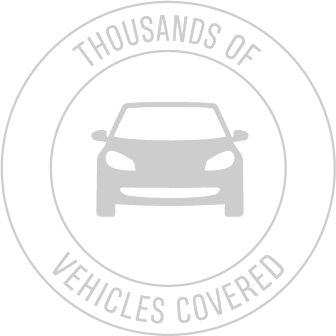 Circle graphic with car silhouette, text "Thousands of Vehicles Covered".