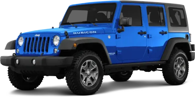 Blue Jeep Wrangler Rubicon SUV parked on white background.