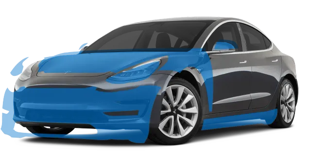 Blue highlighted areas on a silver Tesla Model 3, likely showing where protective film can be applied.