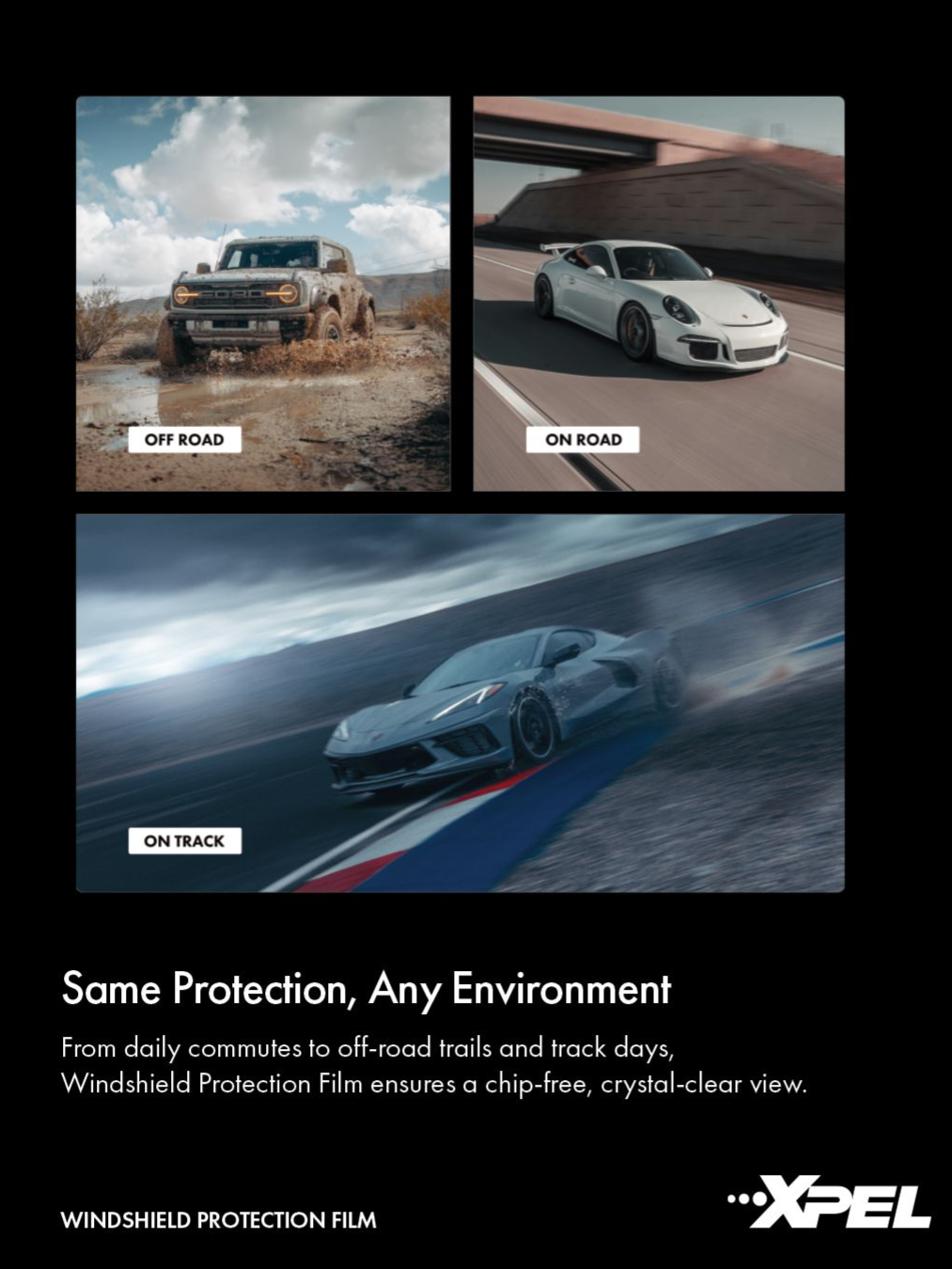 It shows a car driving on a road and a truck driving on a dirt road.