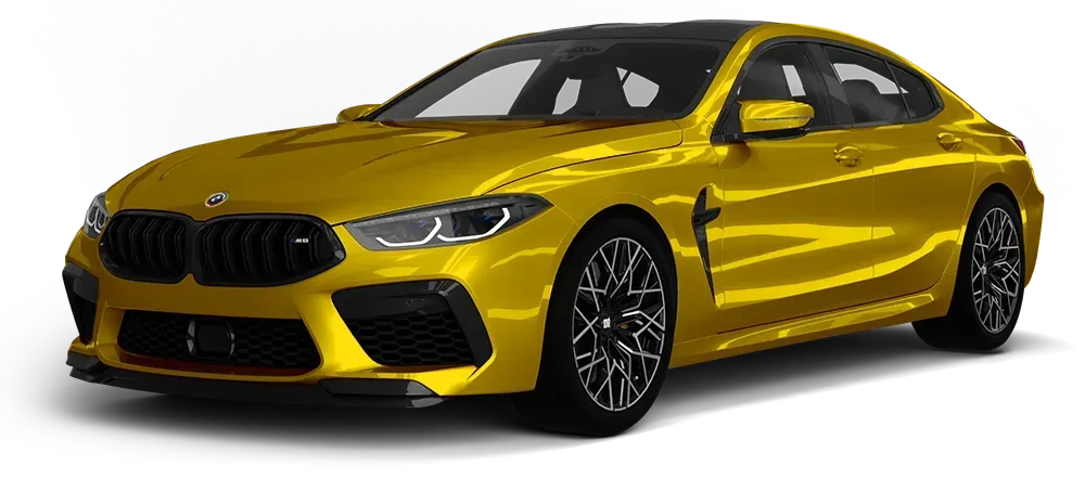 A yellow bmw m3 is shown on a white background.