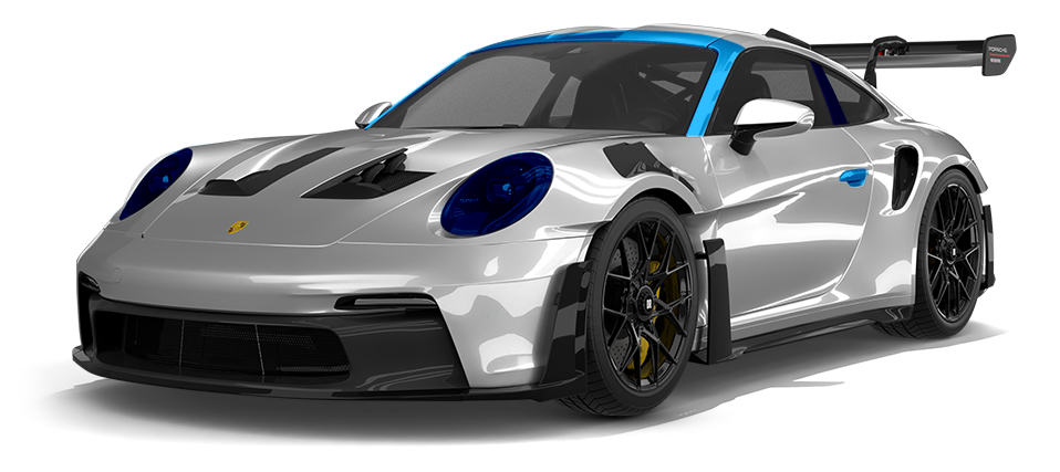 Gray Porsche 911 sports car with blue accents on a white background.