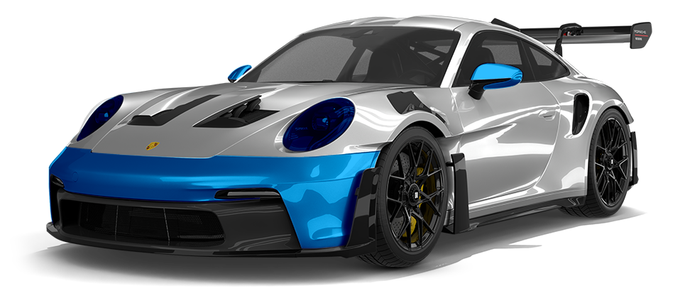 A blue porsche 911 is shown on a white background.