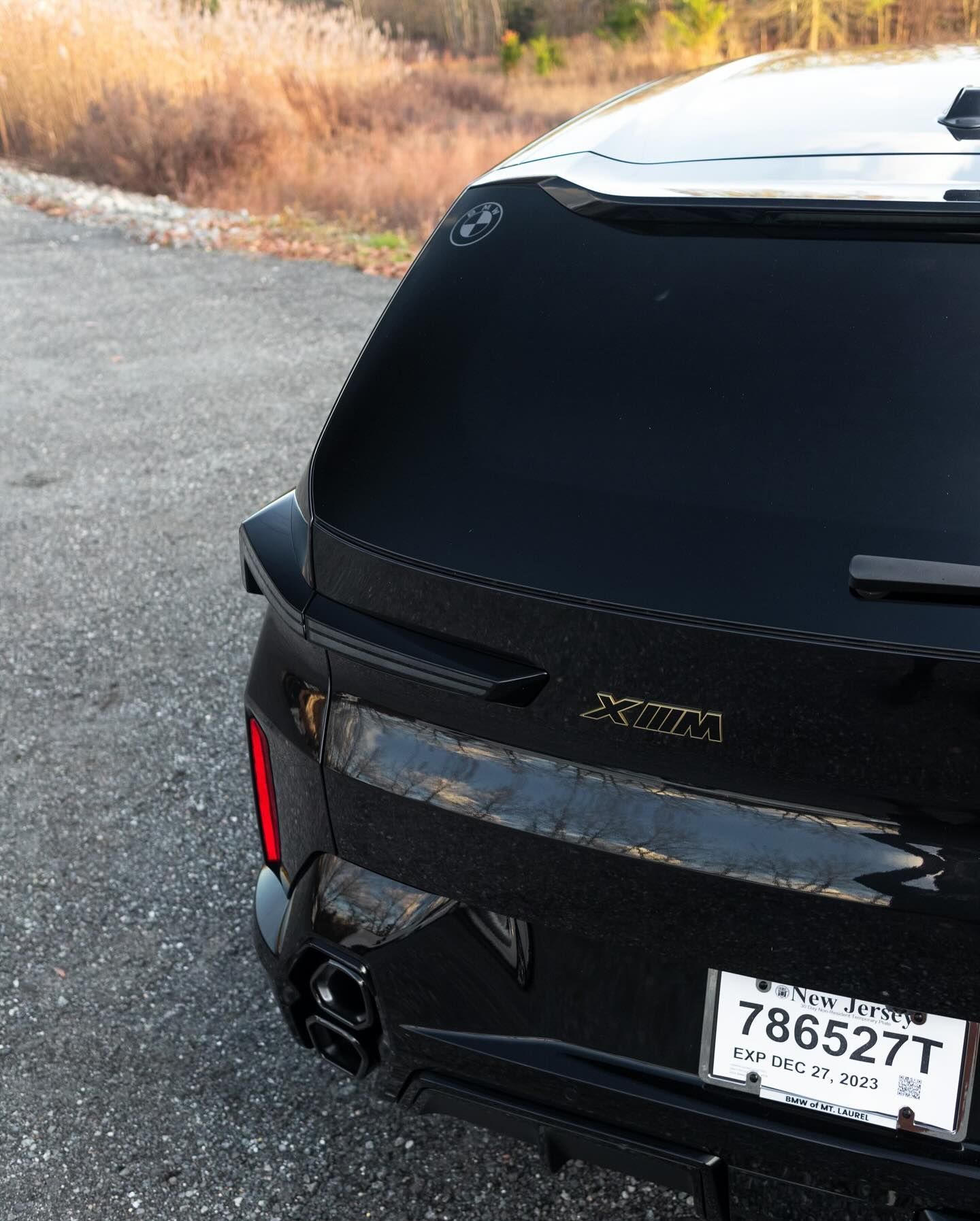 Black SUV rear with dark tinted windows, license plate visible. Daytime, outdoors.