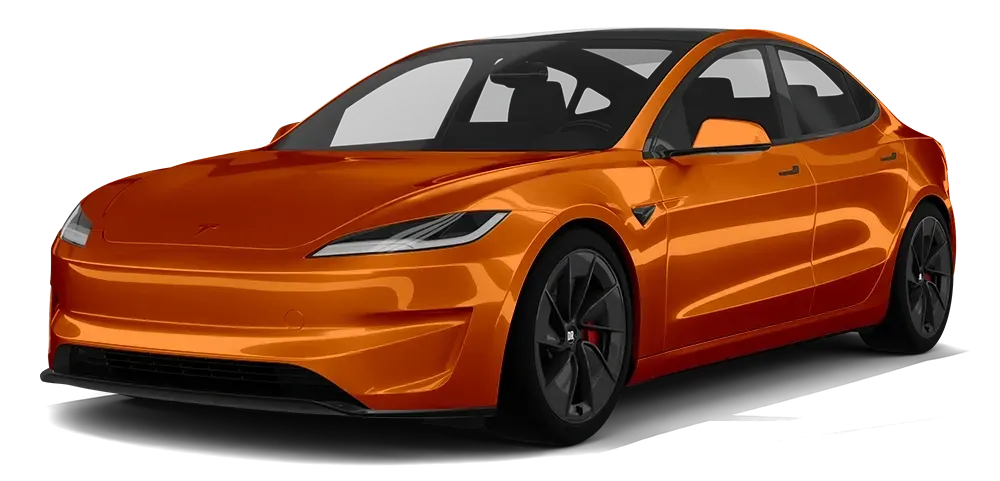 Blue Tesla Model 3 car on a white background.