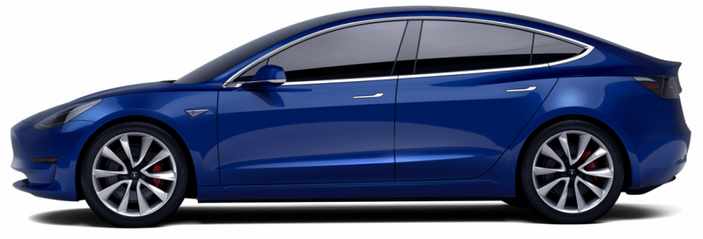 Blue Tesla Model 3 car on a white background.