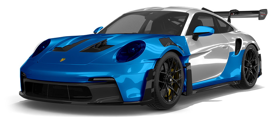A blue porsche 911 is shown on a white background.